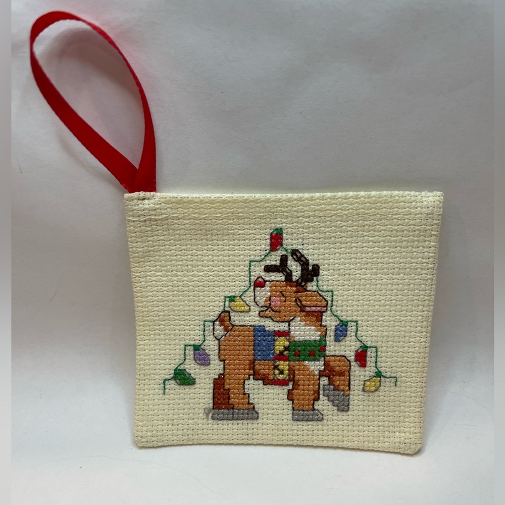 Vintage Cross Stitch Christmas Mini Pouch Reindeer Rudolph  w Ornaments